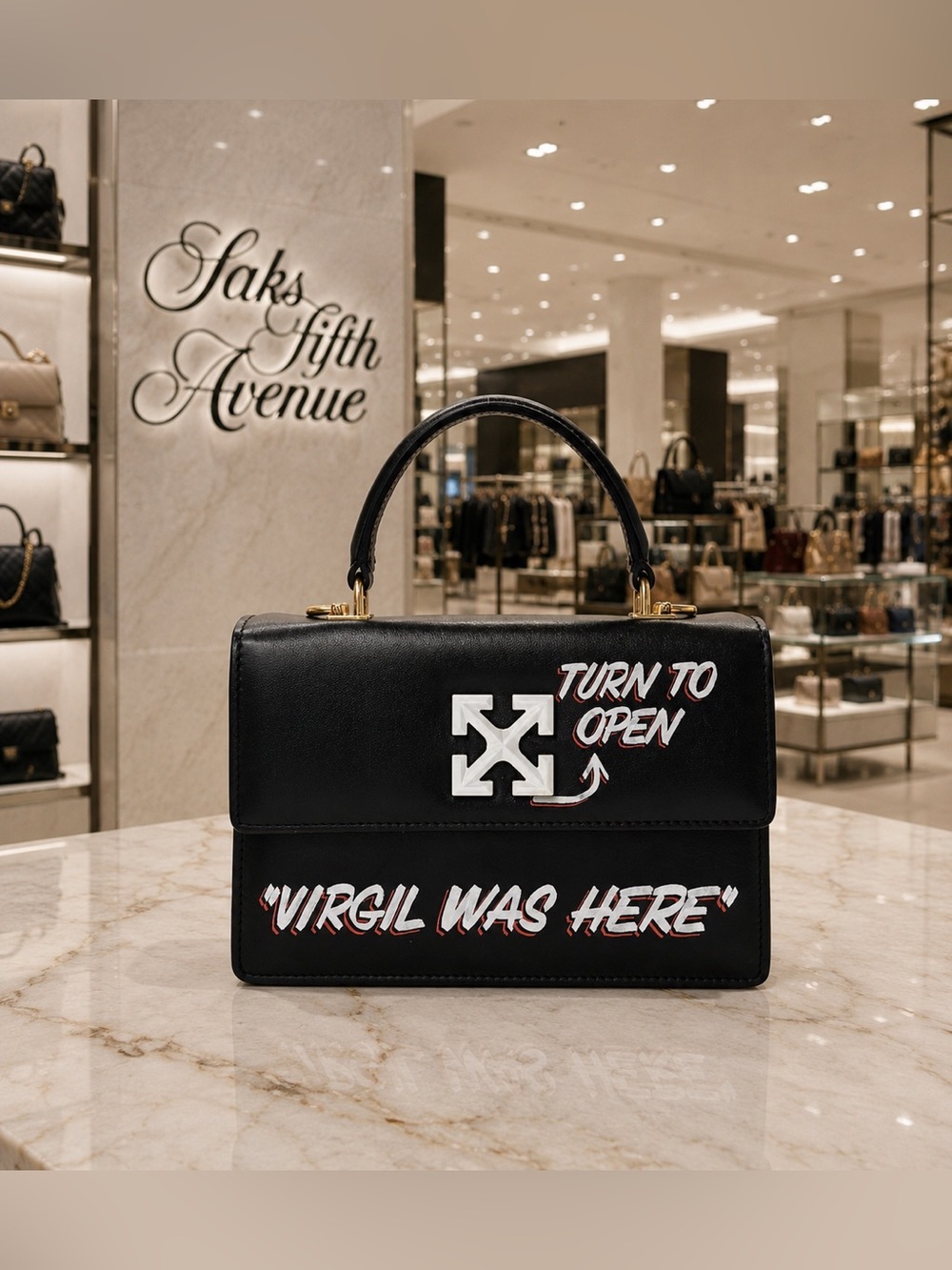 Off-White Jitney 1.4 Virgil Was Here Black Calfskin Top Handle Bag
